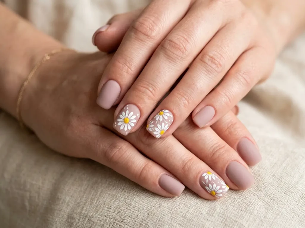 Daisy Nail Art on Nude Base