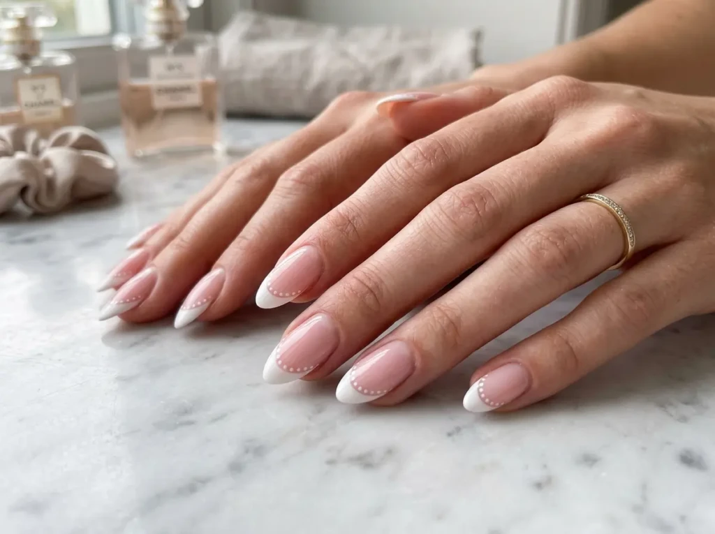 Pink and White French Tips with Dots